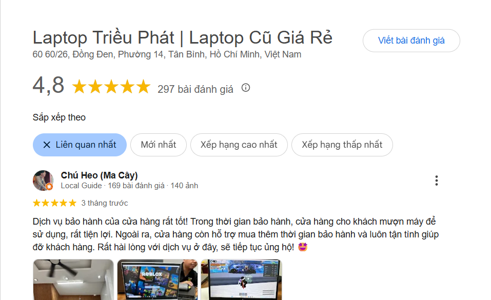 Laptop Triều Phát địa chỉ được google đánh giá là uy tín và chất lượng
