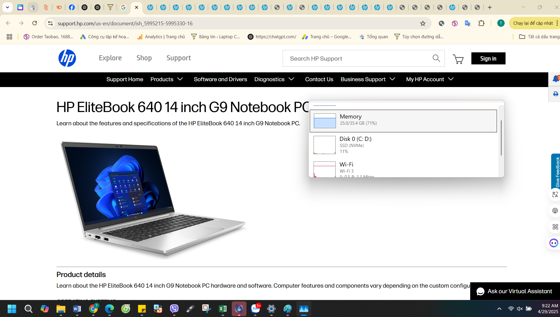 HP Elitebook 640 G10 bộ nhớ RAM 32GB mở hơn 20 tab vẫn mượt mà